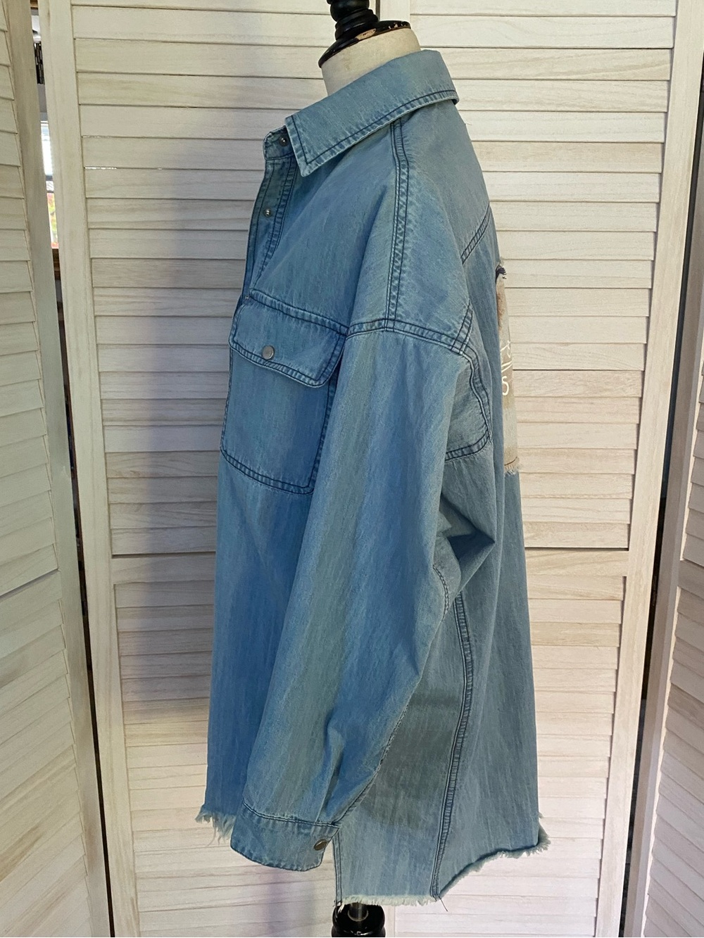 POL Blue Denim Button-Down Shirt/Shacket with Back Plaid Patch SZ S - Picture 10 of 14